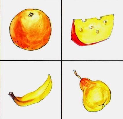 Карточка с апельсином, сыром, бананом и грушей