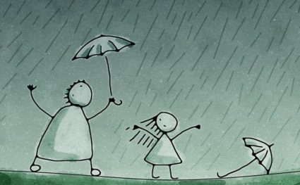Нарисованные персонажи с зонтами под дождём
