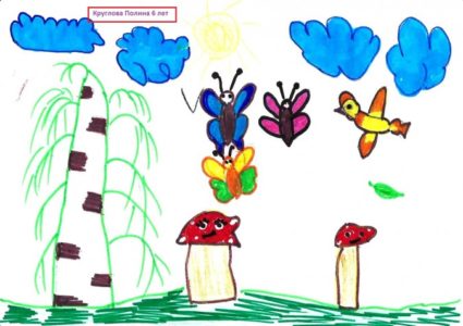 Грибы-мухоморы, берёза, облака и бабочки фломастерами