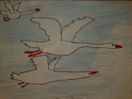 Белые лебеди летят — детский рисунок