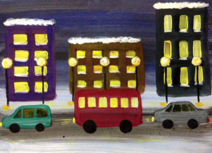Рисунок «Автобус на улице вечернего города»: небо, дорога, здания с жёлтыми окнами, на дороге автобус и два авто; фонари вдоль дороги; снег на крышах домов