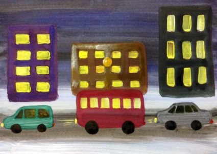 Рисунок «Автобус на улице вечернего города»: небо, дорога, здания с жёлтыми окнами, на дороге автобус и два авто + добавился оранжевый кружочек в центре листа