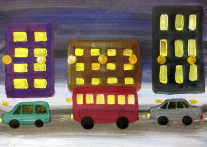 Рисунок «Автобус на улице вечернего города»: небо, дорога, здания с жёлтыми окнами, на дороге автобус и два авто + несколько оранжевых кружочков на одной линии посередине листа (фонари)