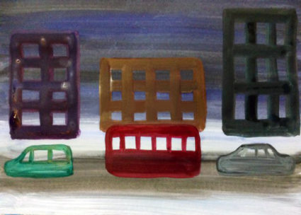 Рисунок «Автобус на улице вечернего города»: небо, дорога, контуры зданий; контур автобуса закрашен, добавились ещё два автомобиля