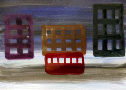 Рисунок «Автобус на улице вечернего города»: небо, дорога, контуры зданий; контур автобуса закрашен