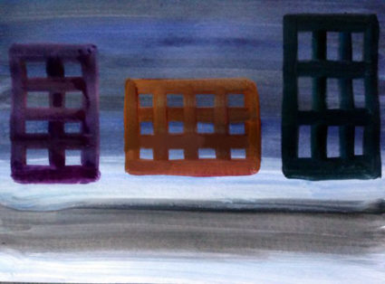 Рисунок «Автобус на улице вечернего города»: небо, дорога, три контура здания с окошками