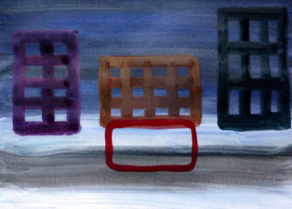 Рисунок «Автобус на улице вечернего города»: небо, дорога, контуры зданий, контур автобуса