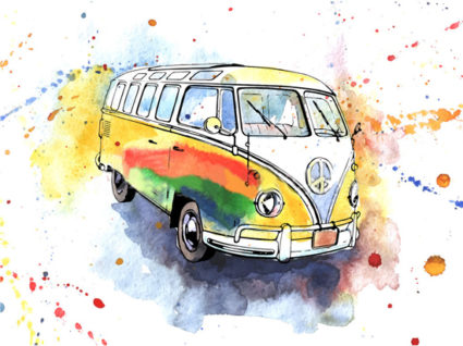 Рисунок «Автобус в стиле ретро», украшен брызгами краски