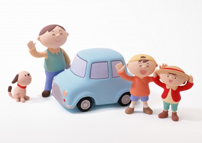 Анимационная картинка взрослый, дети, собака, автомобиль